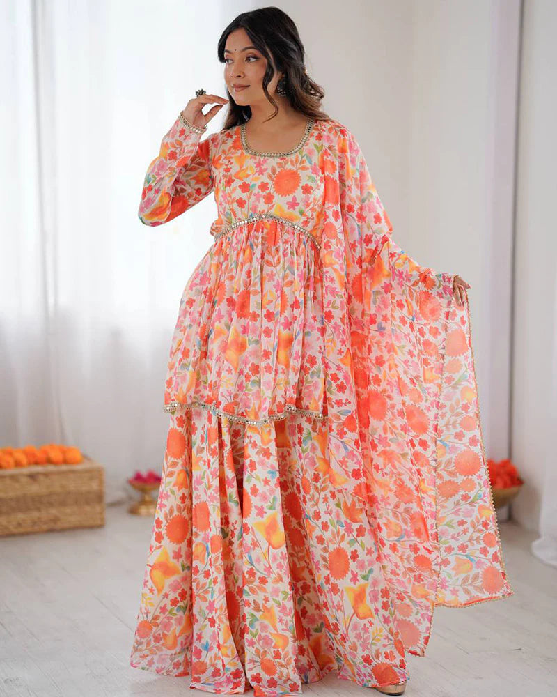 Womenline Orange Color Pure Soft Organza Sharara Suit