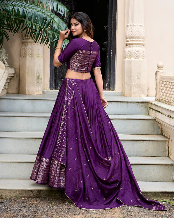 Womenline Dark Purple Color Pure Chanderi Plain Navratri Half Saree