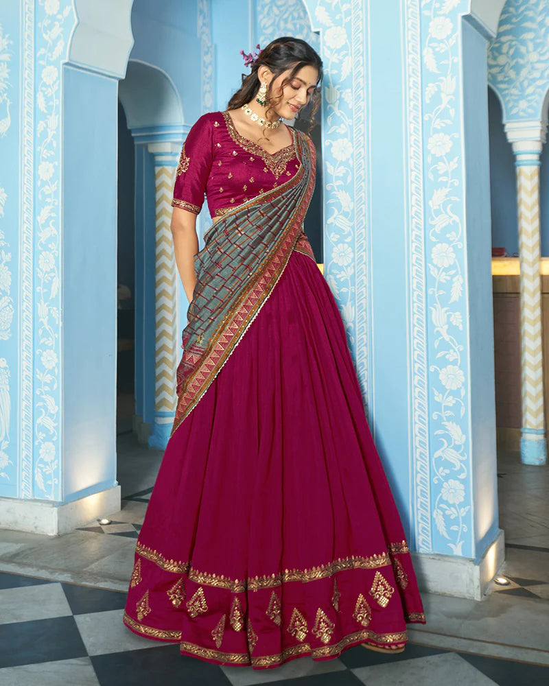 Womenline Elegant Rani Pink Embroidered Vichitra Silk Lehenga Choli