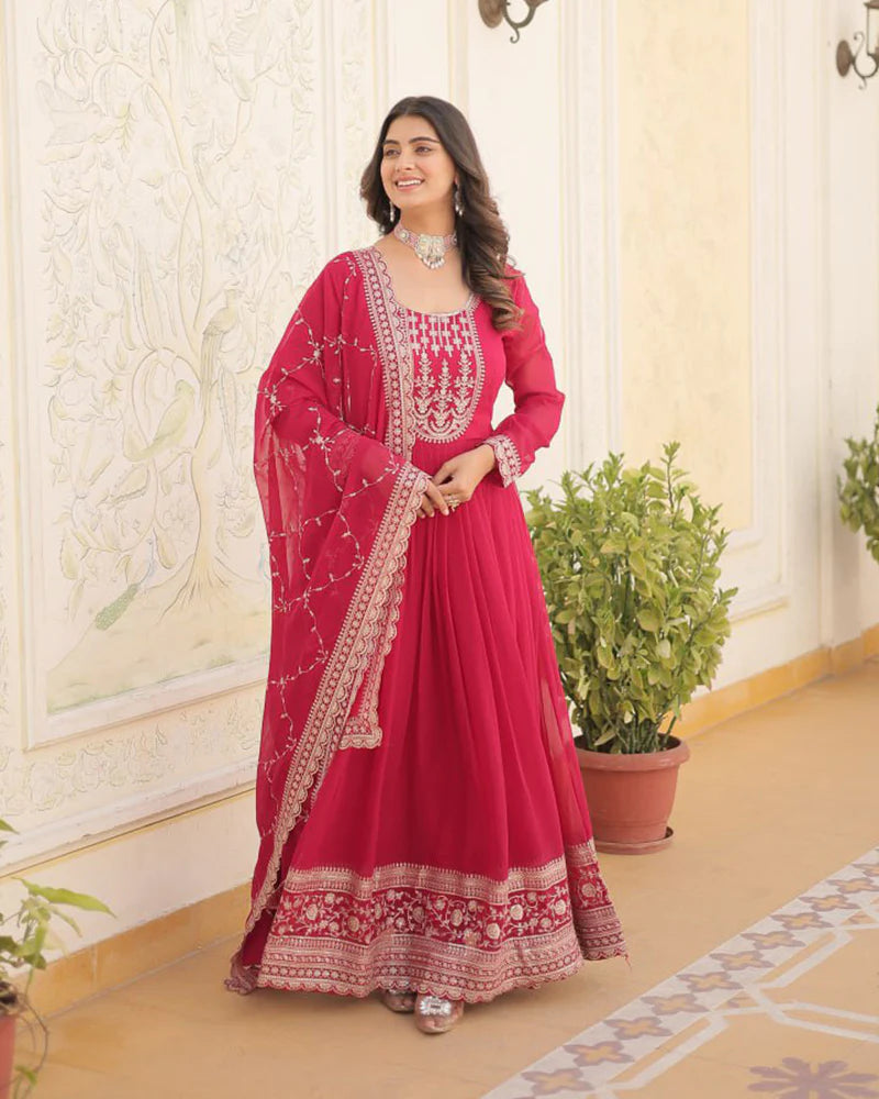 Womenline Pink Color Faux Blooming Rich Sequence Embroidered Gown