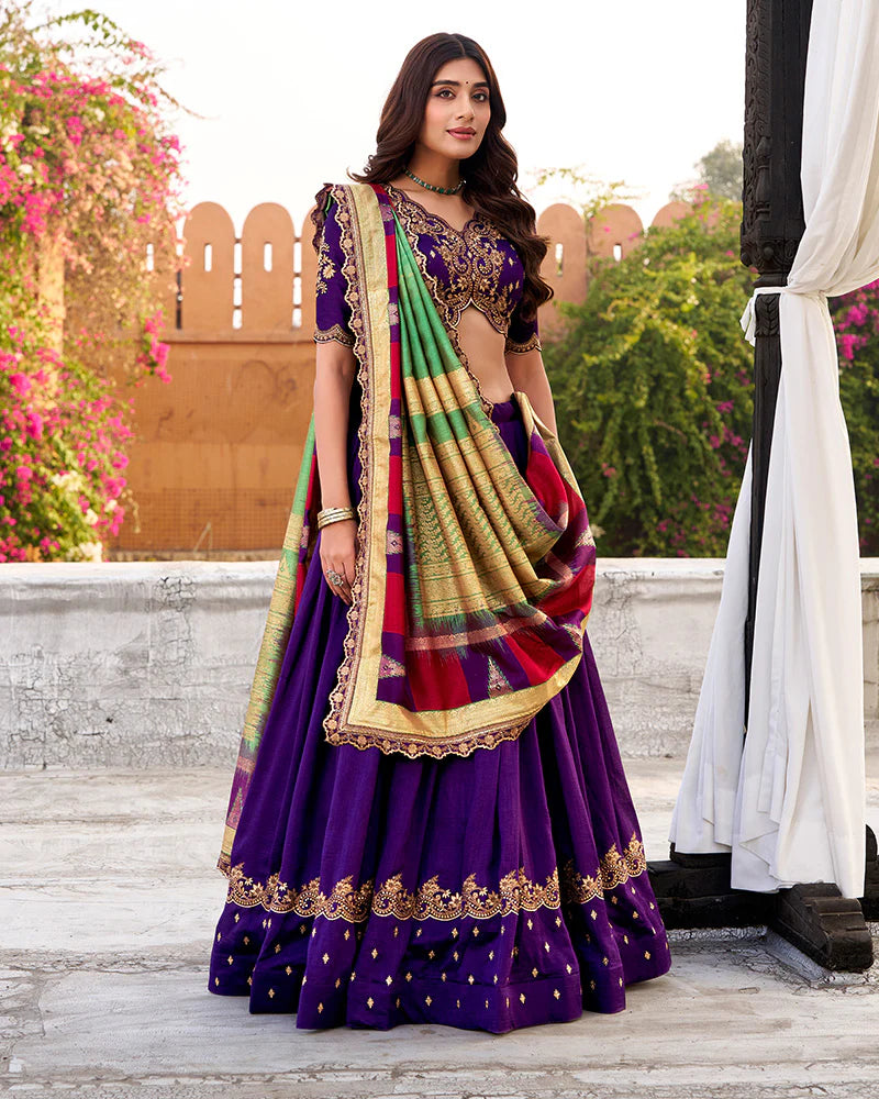 Womenline Designer Purple Color Vichitra Silk Embroidered Lehenga Choli