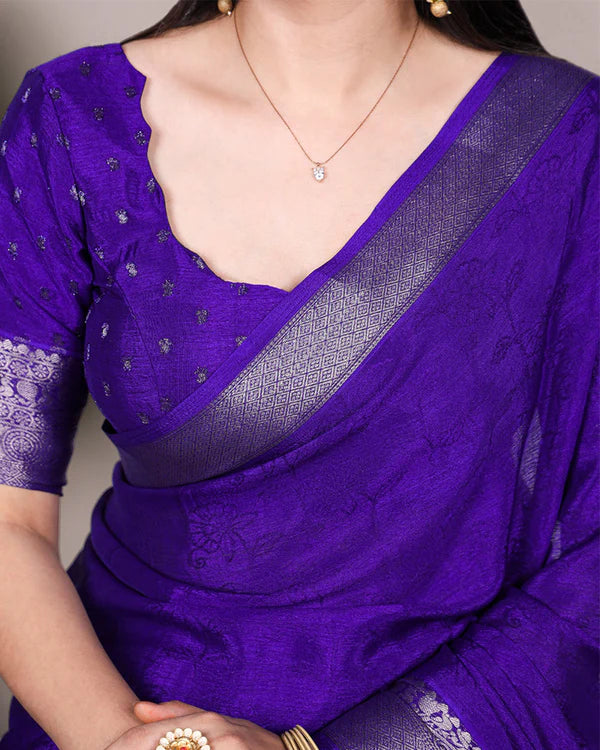 Womenline Royal Blue Color Chinon Self Printed Saree