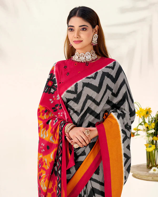 Womenline Black Color Tasar Silk Printed Saree