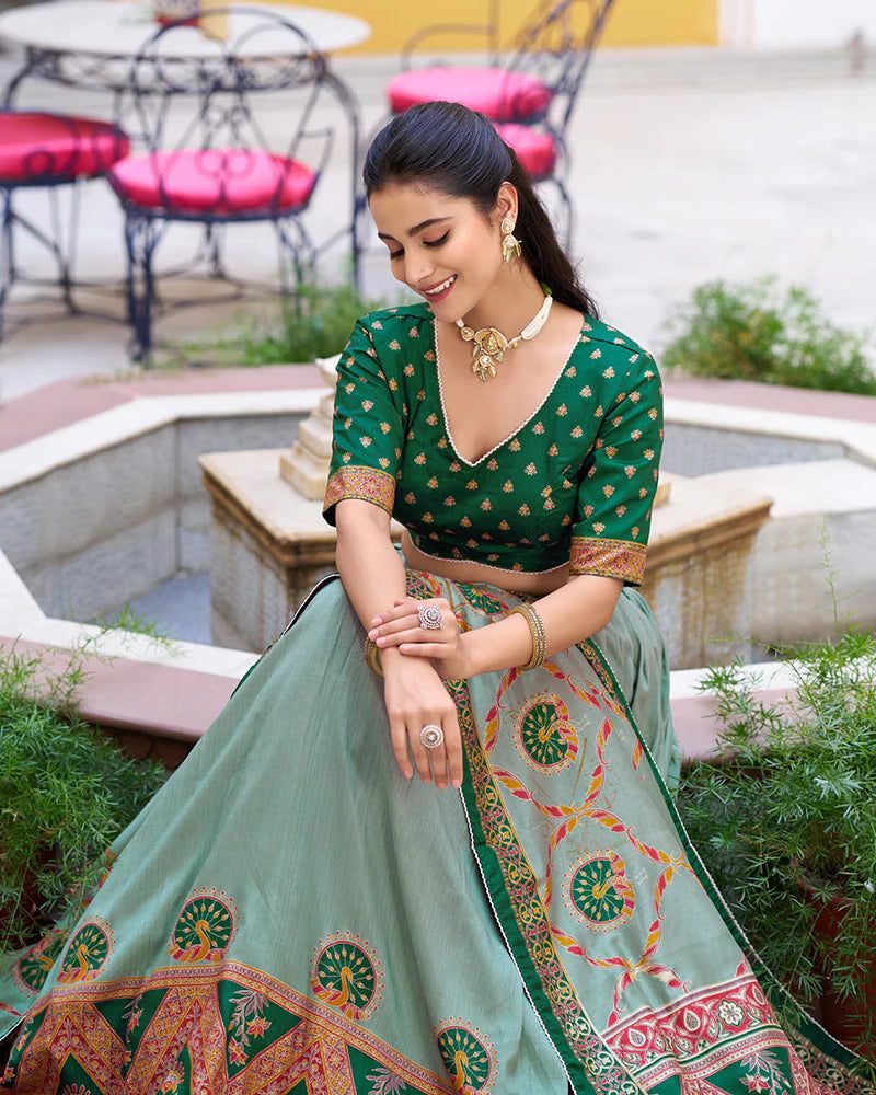 Womenline Green Color Tasar Silk Printed Sparkle Lehenga Choli