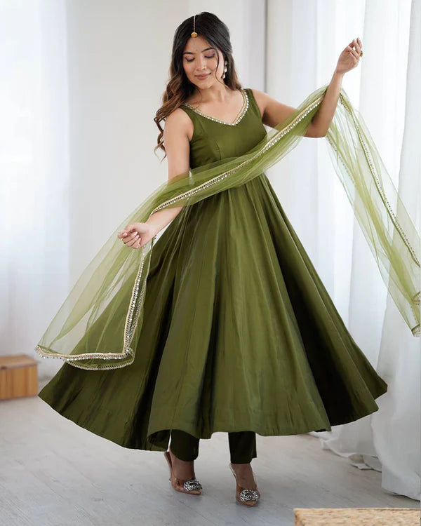 Womenline Mehndi Color Chanderi Pure Roman Silk Anarkali Suit