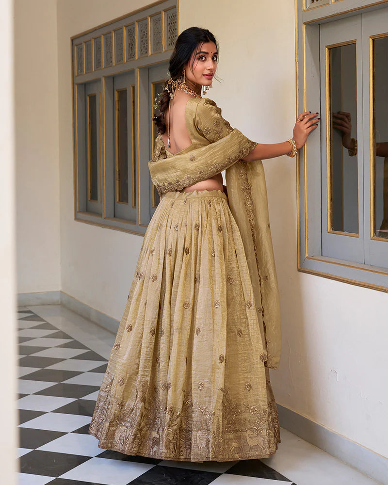 Womenline Off-White Color Gold Crush Embroidered Lehenga Choli