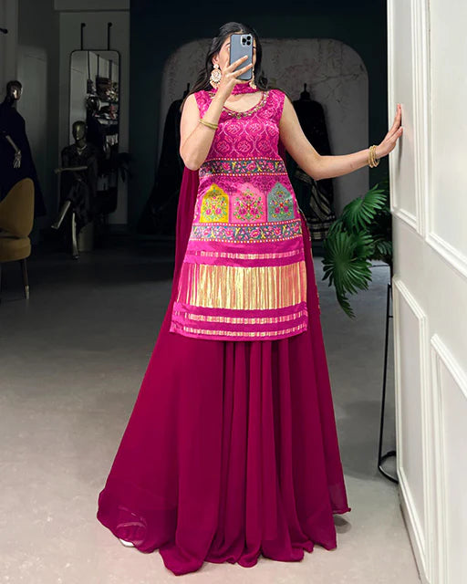 Womenline Pink Color Gaji Silk Three Piece Plazo Suit