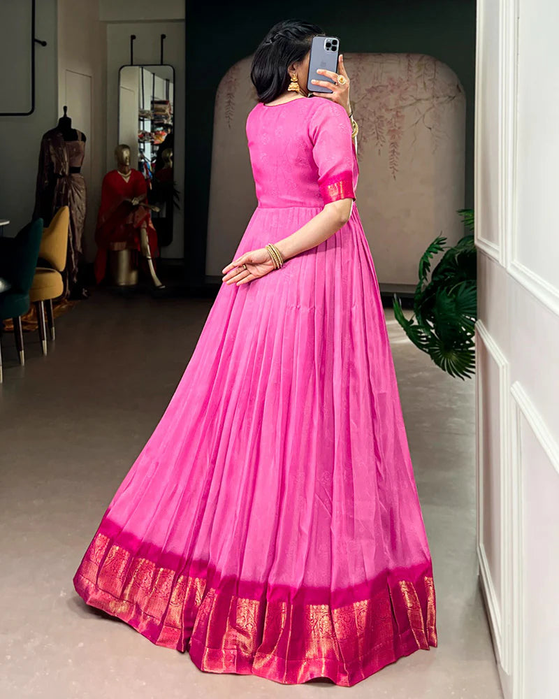 Womenline Pink Color Mass Mello Zari Weaving Gown