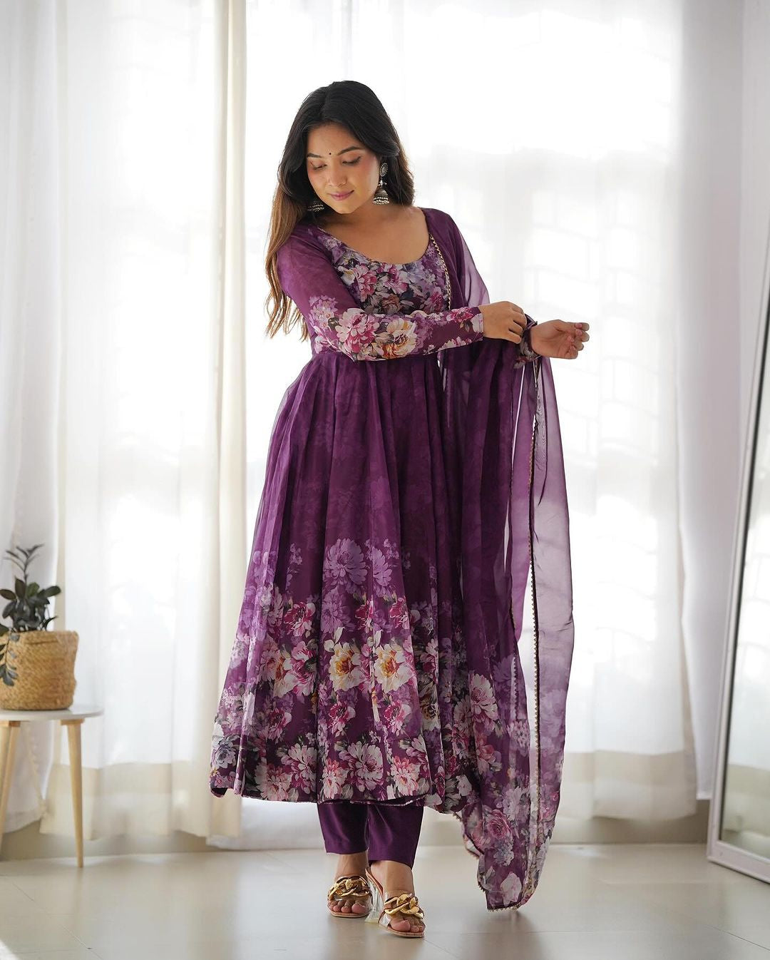 Womenline Wine Color Floral Print Organza Three Piece Anarkali Suit