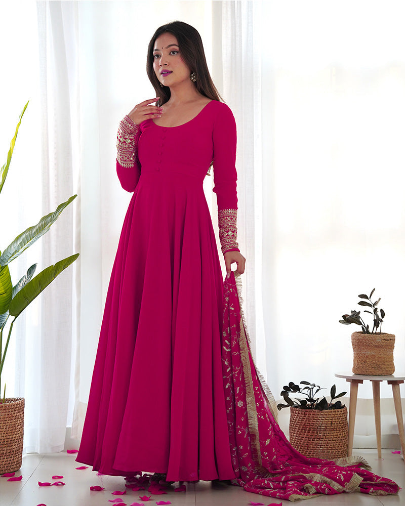 Womenline Rani Pink Color Soft Georgette Anarkali Gown With Heavy Embroidery Work Dupatta