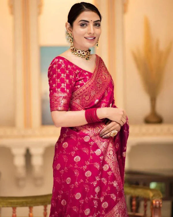 Womenline Rani Pink Color Banarasi Jacquard With Zari Work Saree