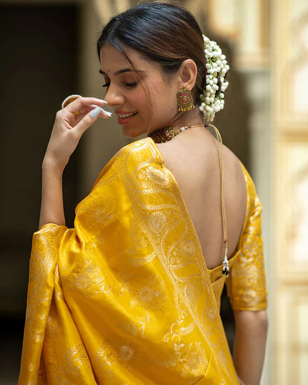 Womenline Yellow Color Banarasi Jacquard Zari Weaving Saree