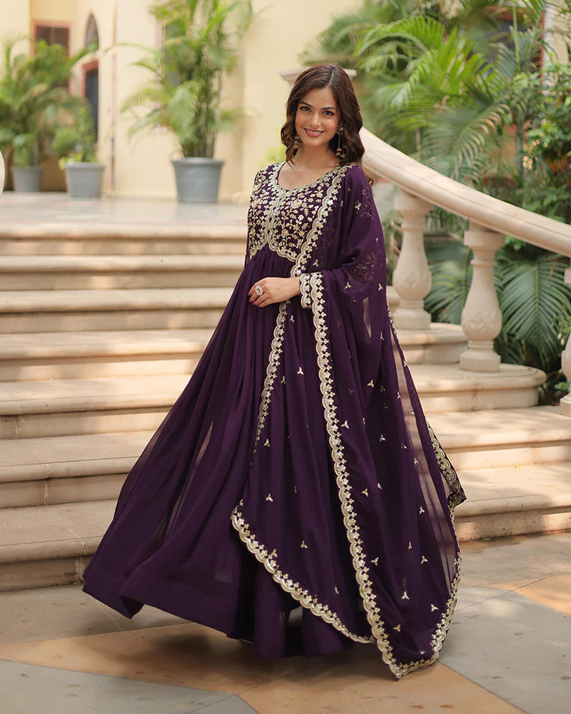 Womenline Wine Color Faux Blooming Multi Embroidered Work Gown