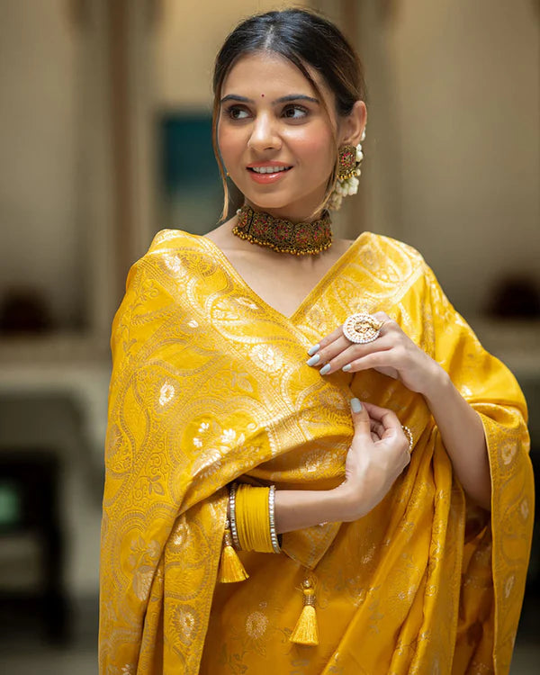 Womenline Yellow Color Banarasi Jacquard Zari Weaving Saree