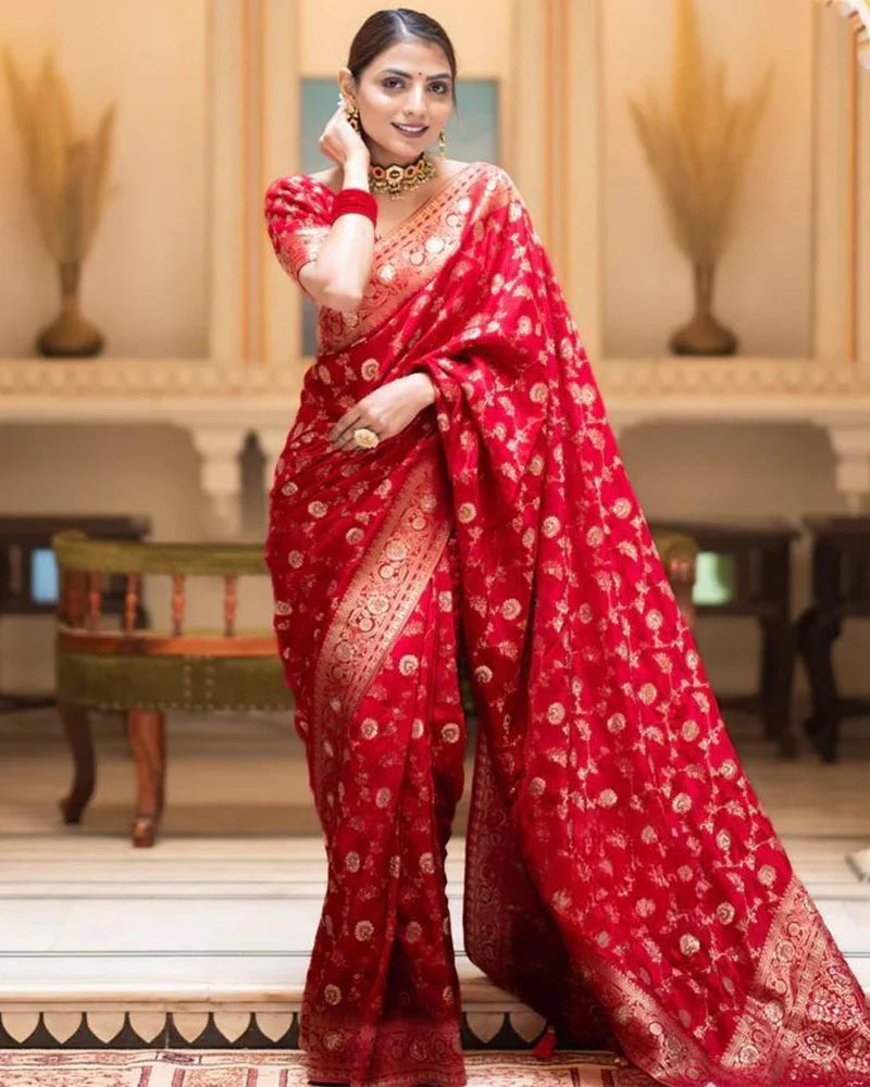 Womenline Red Color Banarasi Jacquard With Zari Work Saree