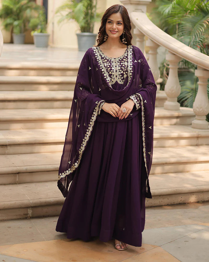 Womenline Wine Color Faux Blooming Multi Embroidered Work Gown
