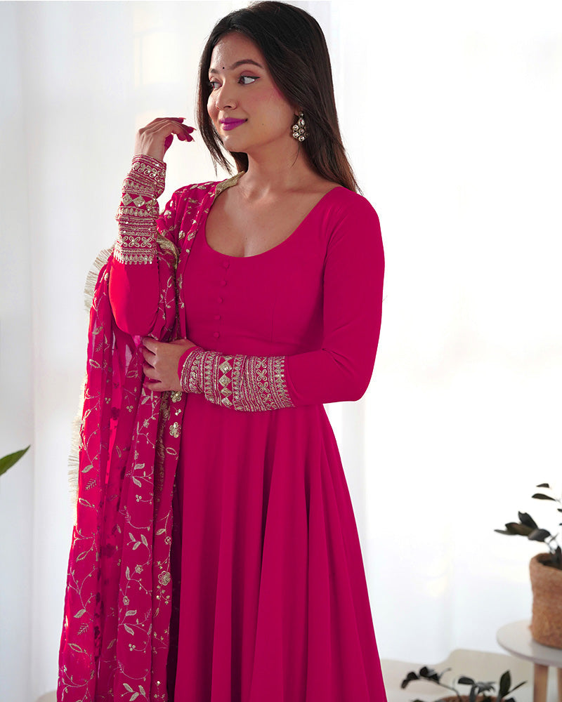 Womenline Rani Pink Color Soft Georgette Anarkali Gown With Heavy Embroidery Work Dupatta