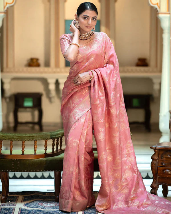 Womenline Orange Color Banarasi Jacquard Zari Weaving Saree