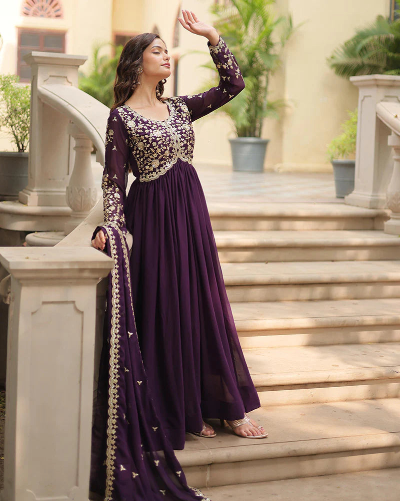 Womenline Wine Color Faux Blooming Multi Embroidered Work Gown