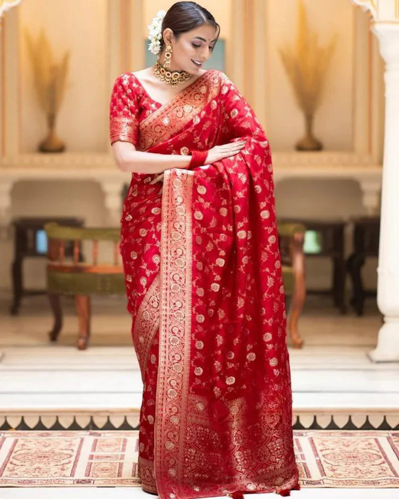 Womenline Red Color Banarasi Jacquard With Zari Work Saree