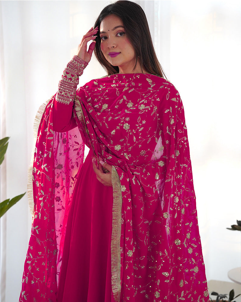 Womenline Rani Pink Color Soft Georgette Anarkali Gown With Heavy Embroidery Work Dupatta
