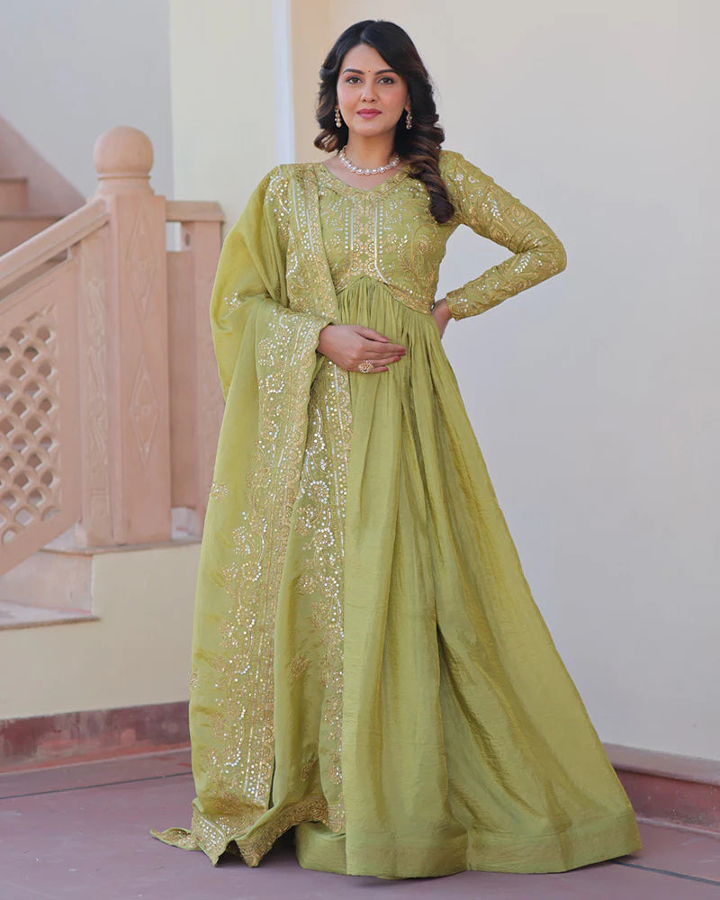 Womenline Parrot Green Color Gold Crush Embroidered Work Gown
