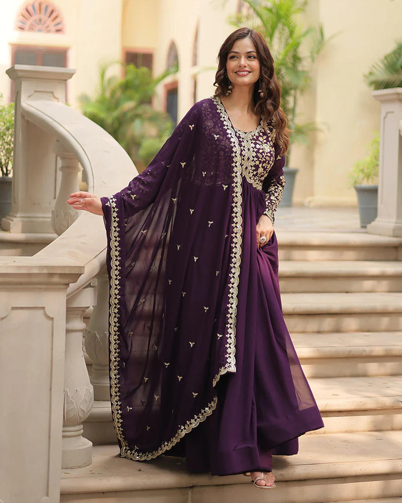 Womenline Wine Color Faux Blooming Multi Embroidered Work Gown