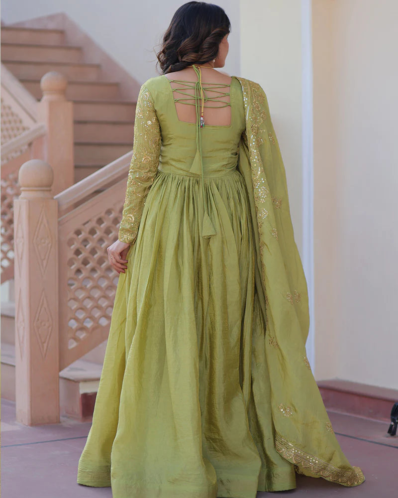 Womenline Parrot Green Color Gold Crush Embroidered Work Gown