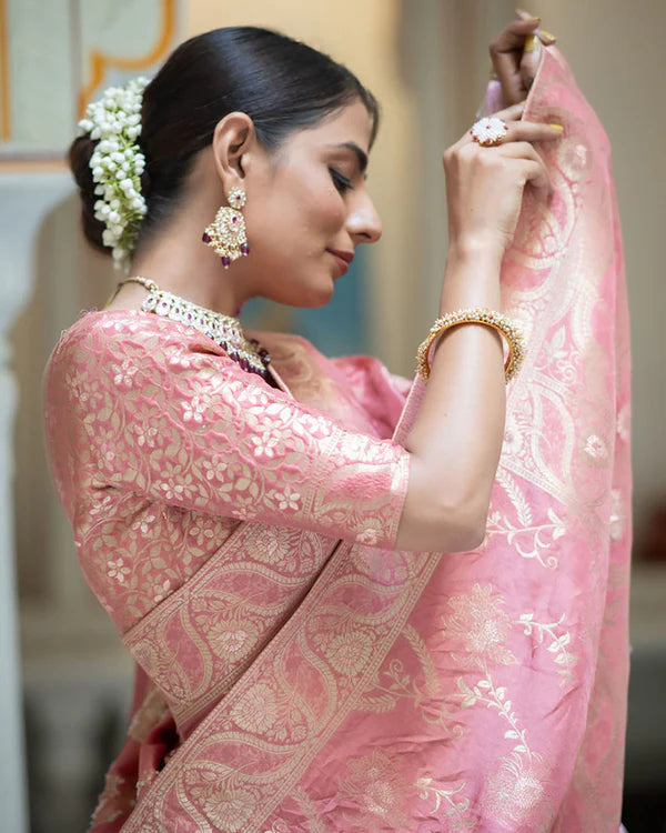 Womenline Orange Color Banarasi Jacquard Zari Weaving Saree