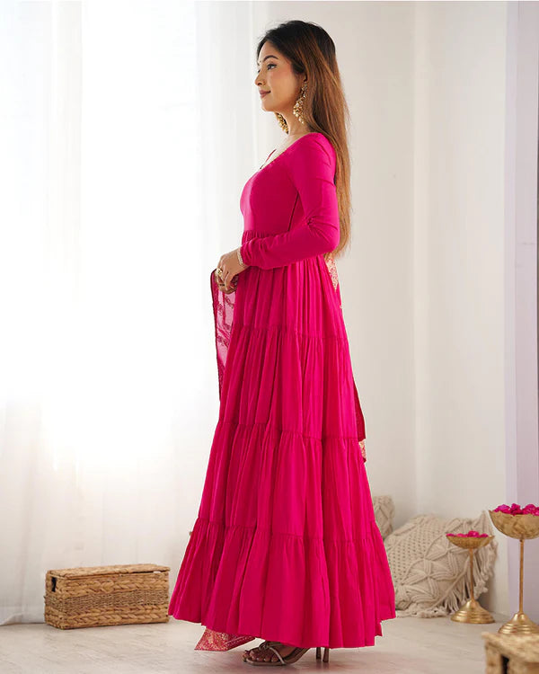 Womenline Rani Pink Color Pure Roman Silk Ruffle Style Anarkali Suit