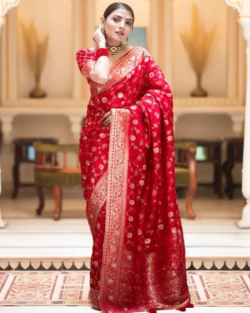 Womenline Red Color Banarasi Jacquard With Zari Work Saree