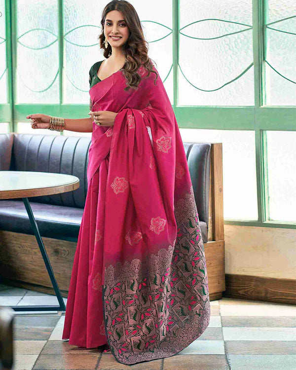 Womenline Rani Pink Color Banarasi Jacquard Soft Silk Saree