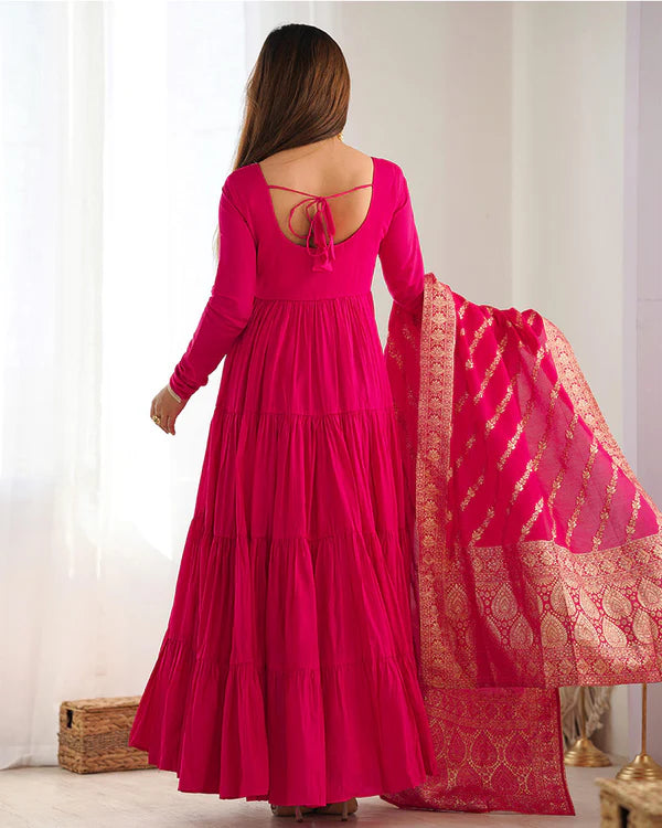 Womenline Rani Pink Color Pure Roman Silk Ruffle Style Anarkali Suit