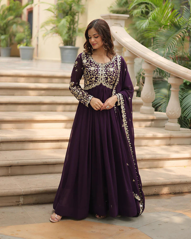 Womenline Wine Color Faux Blooming Multi Embroidered Work Gown