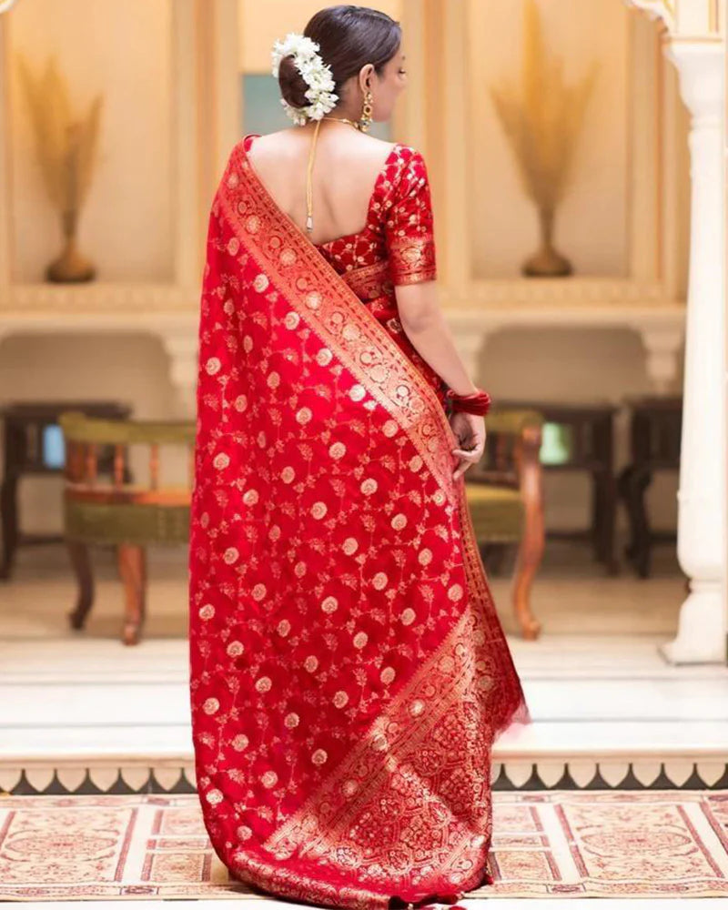 Womenline Red Color Banarasi Jacquard With Zari Work Saree