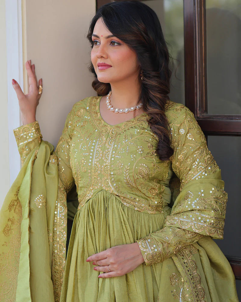 Womenline Parrot Green Color Gold Crush Embroidered Work Gown