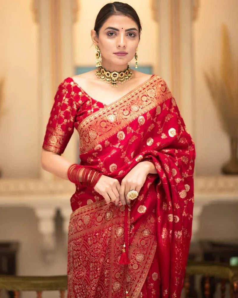 Womenline Red Color Banarasi Jacquard With Zari Work Saree