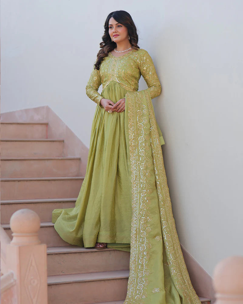 Womenline Parrot Green Color Gold Crush Embroidered Work Gown