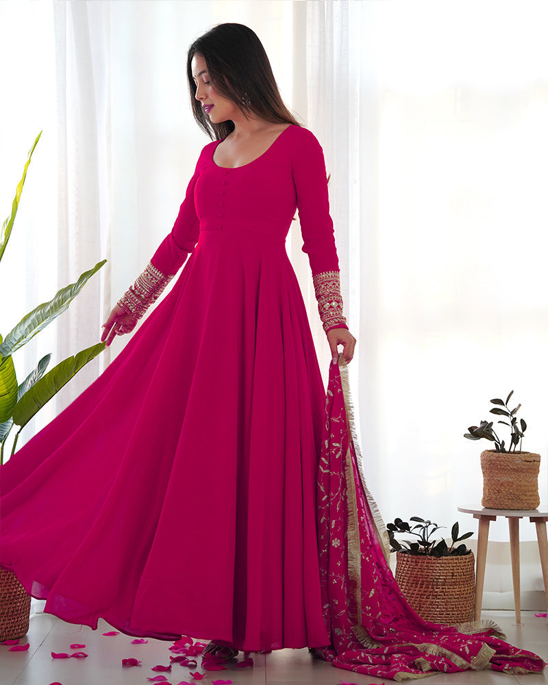 Womenline Rani Pink Color Soft Georgette Anarkali Gown With Heavy Embroidery Work Dupatta