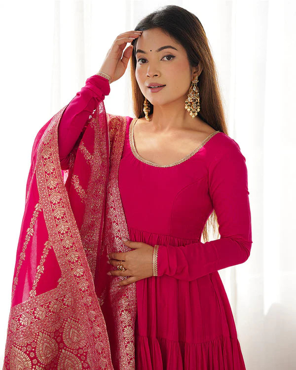 Womenline Rani Pink Color Pure Roman Silk Ruffle Style Anarkali Suit