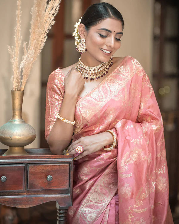 Womenline Orange Color Banarasi Jacquard Zari Weaving Saree