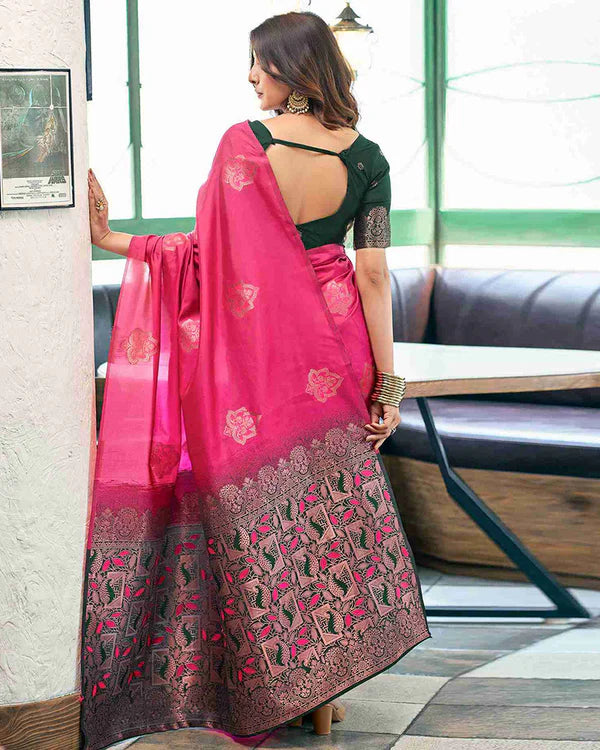 Womenline Rani Pink Color Banarasi Jacquard Soft Silk Saree
