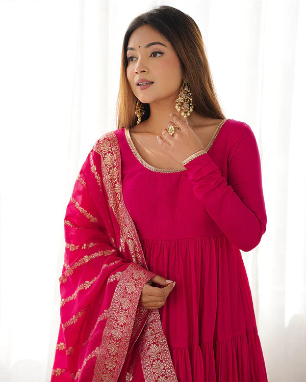 Womenline Rani Pink Color Pure Roman Silk Ruffle Style Anarkali Suit
