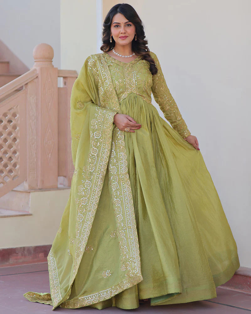 Womenline Parrot Green Color Gold Crush Embroidered Work Gown