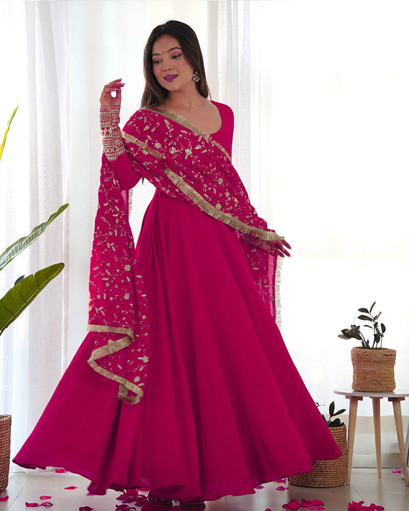 Womenline Rani Pink Color Soft Georgette Anarkali Gown With Heavy Embroidery Work Dupatta