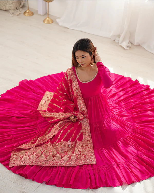 Womenline Rani Pink Color Pure Roman Silk Ruffle Style Anarkali Suit