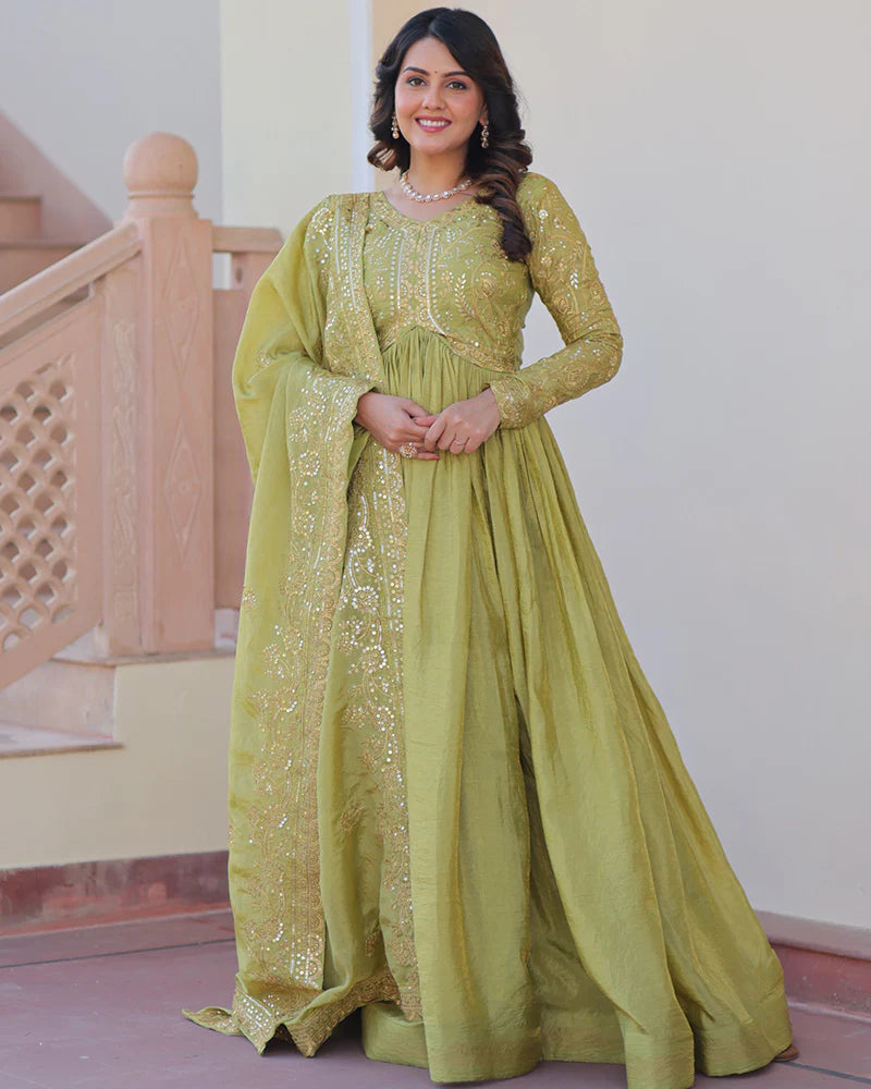 Womenline Parrot Green Color Gold Crush Embroidered Work Gown