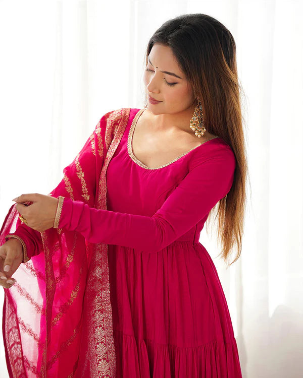 Womenline Rani Pink Color Pure Roman Silk Ruffle Style Anarkali Suit