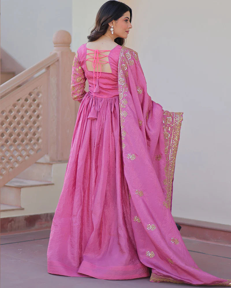 Womenline Pink Color Gold Crush Embroidered Work Gown