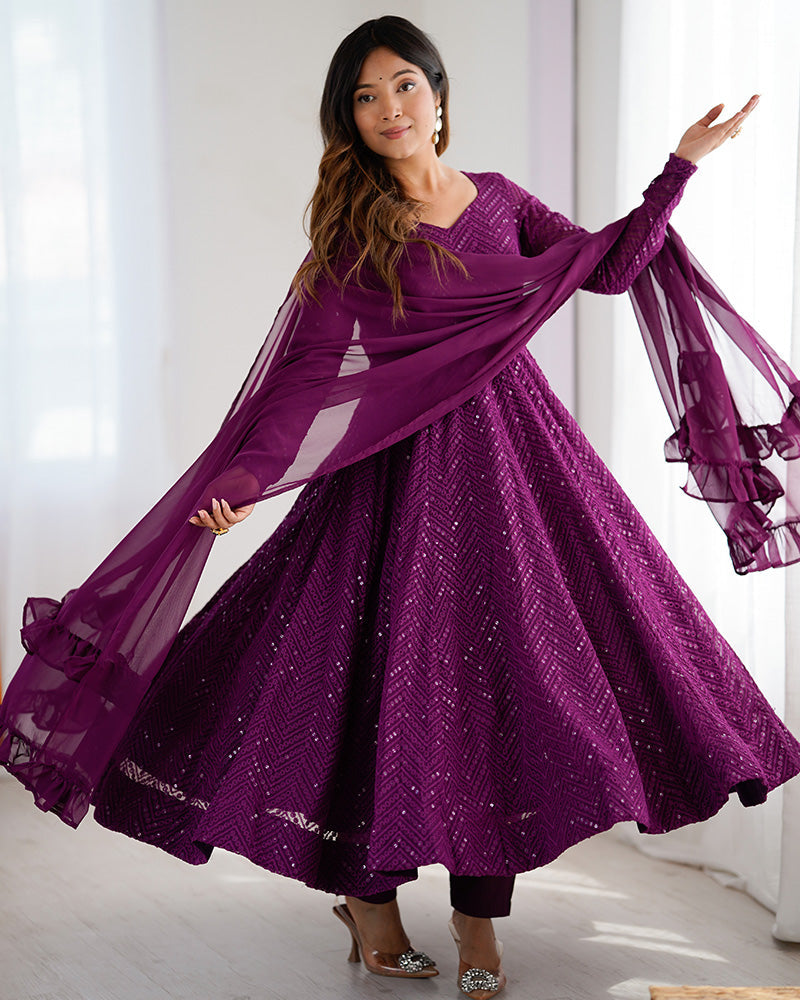 Womenline Wine Color Georgette Lucknowi Three Piece Anarkali Suit